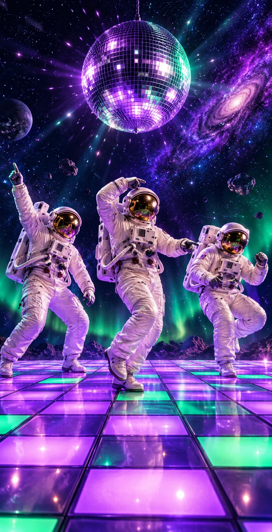 Ilustração de três astronautas dançando numa pista de dança iluminada dos anos 80, sob um globo espelhado, no espaço